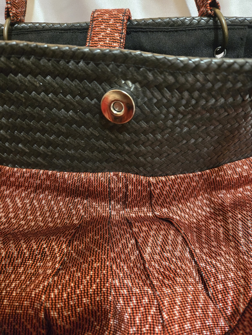 Black Woven Straw Bag With Red & Black Check Fringed Ends - Picture 6 of 10